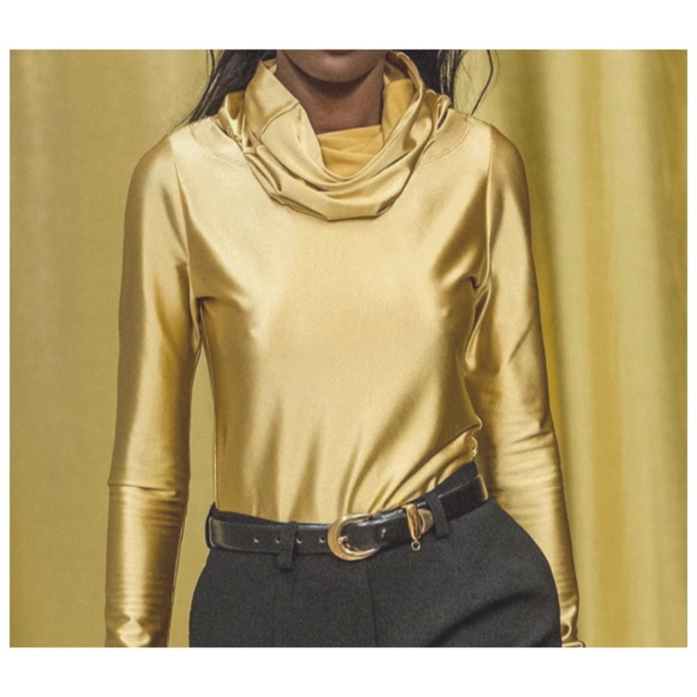 LEYA Top Gold High Cowl neckline Soft Velvet Blend Long Sleeves NEW Size S